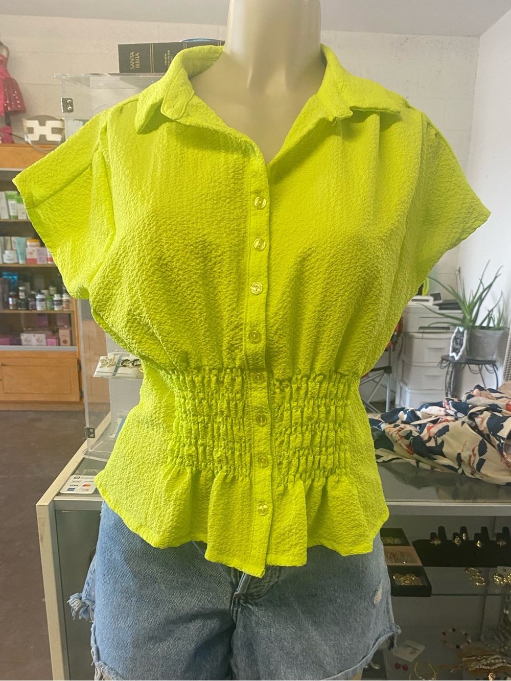 Smocked Waist Button-Front Blouse in Lime Green